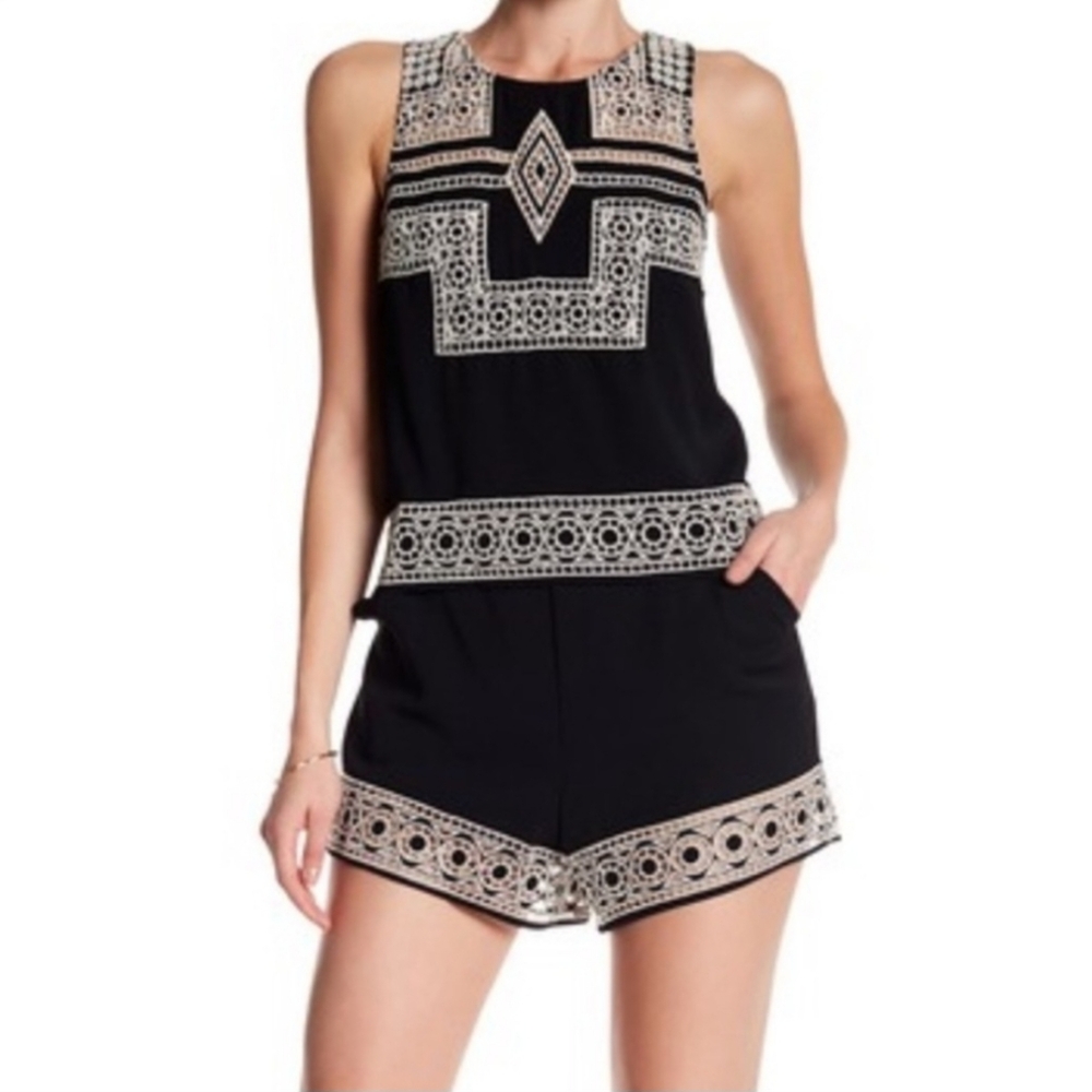 Parker black romper Briana sleeveless overlay white eyelet with pockets Small
